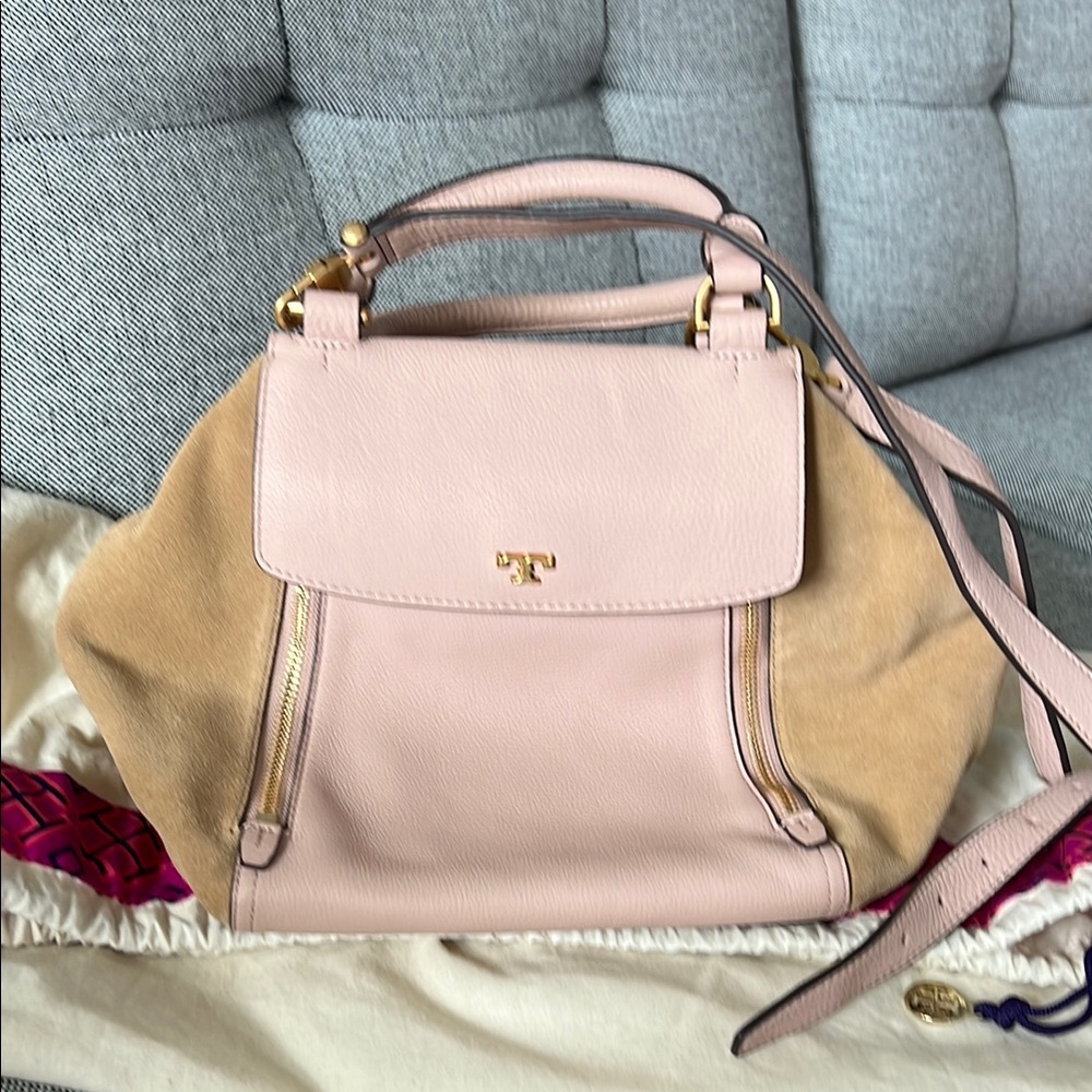 Tory Burch Pink and Tan Satchel with Gold Hardware